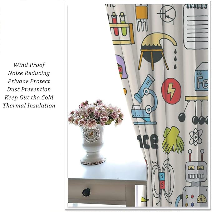 Cartoon Science Bedroom Curtains, Chemistry Science Pharmacy Research Blackout Rod Pocket Window Drapes for Childs Girls Boys Bedroom Living Room Home Set 2 Panels,63x63 Inches