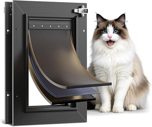 All Aluminum Cat Door Interior Door Black 3 Flaps, For Exterior door Small Cat Dog Doggy Doggie Door, Heavy Duty Pet Door, Insulation Flap, Telescoping Tunnel, Sliding Closing Panel (Pets Up to 22lbs)
