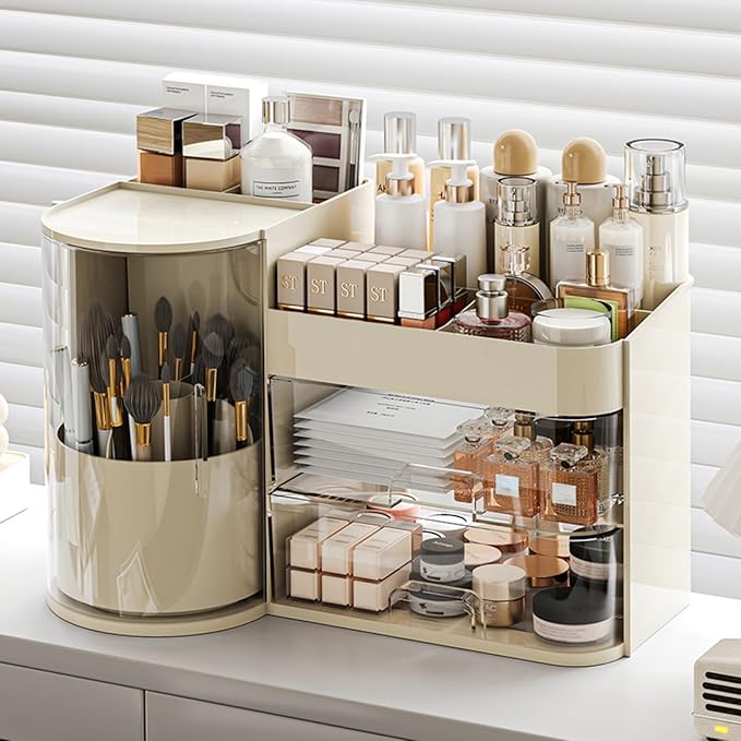 Makeup Organizer with Rotating Brush Holder Cosmetic Organizer with Drawers Countertop Skincare Organizer for Vanity,Cosmetic Display Case Storage (Cream, Large)