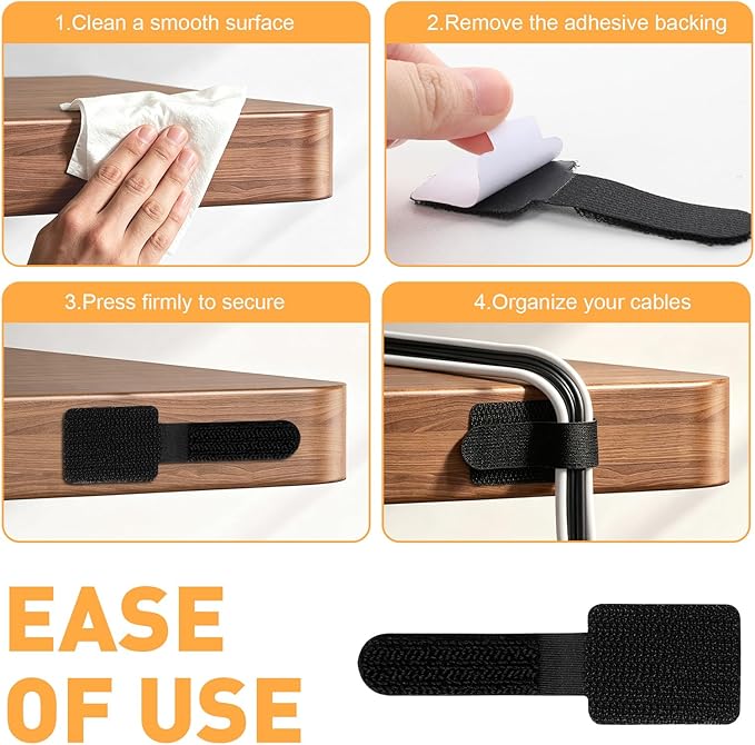 200pcs Hook and Loop Cable Straps,Under Desk Cable Management,Adjustable Cord Organizer for Desk Home Office Organization (Black)