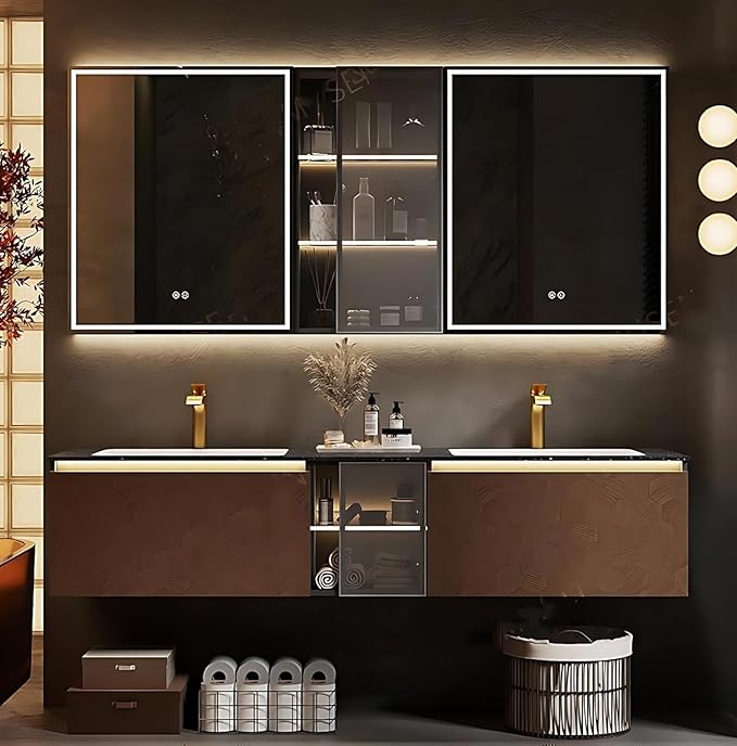 88" Double Bathroom Sink Vanity, Modern Bathroom Vanity Includes LED Smart Defogging Mirror Cabinet & Semi-Open Storage & Ceramic Basin, Floating Bathroom Cabinet with Sensor Light (Dark Brown)