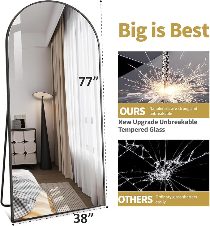 DMWOODFL 77"x38" Black Arched Full Length Mirror