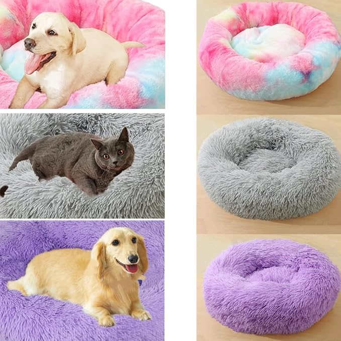 Calming Small Dog Bed & Cat Bed, 16 Inch Donut Fluffy Anti-Anxiety Round Bed Washable Cute Bed, Cuddler Warming Cozy Soft Bed, Plush Cushion Bed for Small Medium Dogs and Cats (Multi Color)