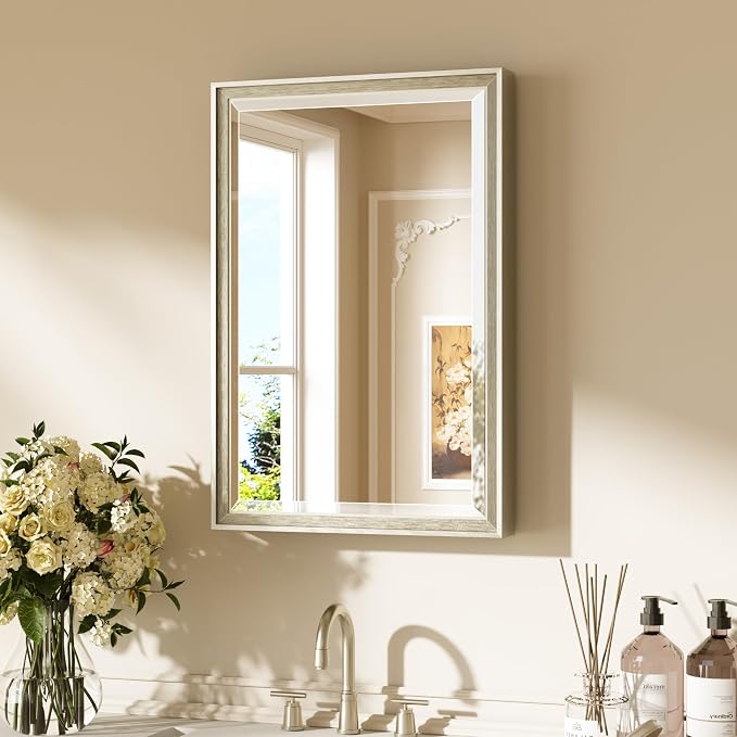 Keonjinn 16" x 24" Brushed Nickel Framed Mirror, Decorative Aluminum Alloy Frame