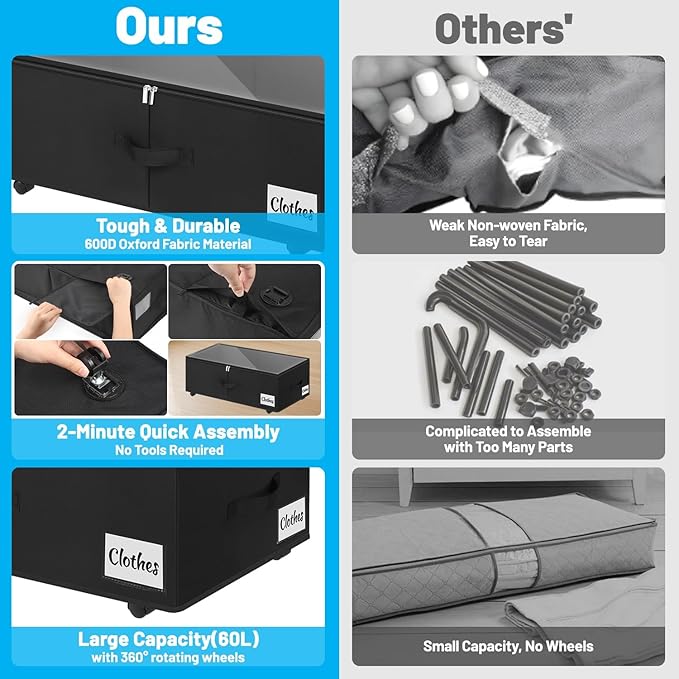 Under Bed Storage with Wheels, 2-Pack 10" Height XXL 60L Rolling Storage Bins, Quick Assembly Underbed Shoe Storage Containers with Clear Lid & Label, Dorm Under bed Drawers for Clothes, Shoes, Black
