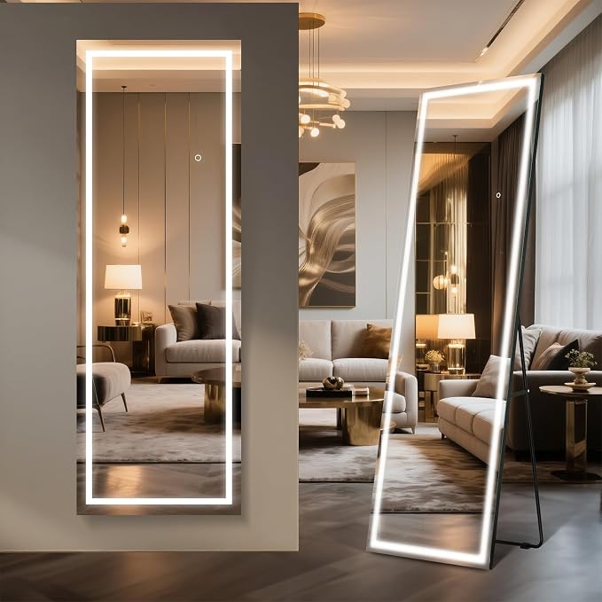Kosmonia 65x24 Full Length Mirror, Dimmable 3 Color LED Light w/Light Memory