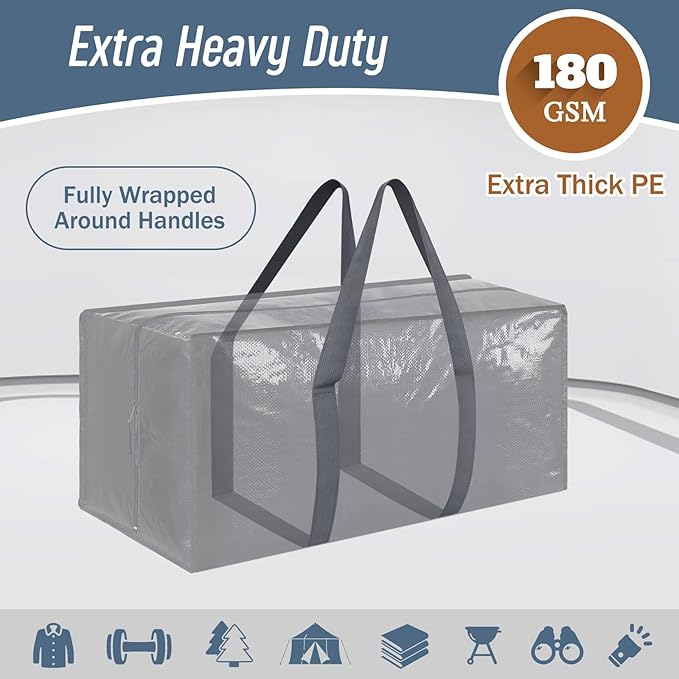 12 Pack Extra Heavy Duty Large Moving Bags with Strong Zipper & Comfortable Handles, Sturdy & Durable Clothes Storage Bags Totes Bins, Packing Moving Boxes for College Supplies, Gray