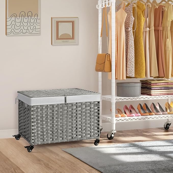 Rolling Storage Basket with Lid, 47.6 Gallon (180L) Storage Bin with Wheels, Woven Rattan Blanket Storage Basket with Handles, Foldable, Metal Frame, Removable Liner for Bedroom, Laundry Room, Grey