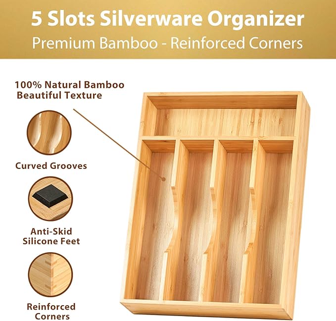 Umilife Bamboo Kitchen Drawer Organizer, 9 Inch Silverware Utensils Tray Holder for Small Drawer, Wood Caddy for Flatware Cutlery Knives