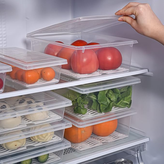 Food Storage Container, Plastic Food Containers with Removable Drain Plate and Lid, Stackable Portable Freezer Storage Containers - Tray to Keep Fruits, Vegetables, Meat (X-Large(4PCS))