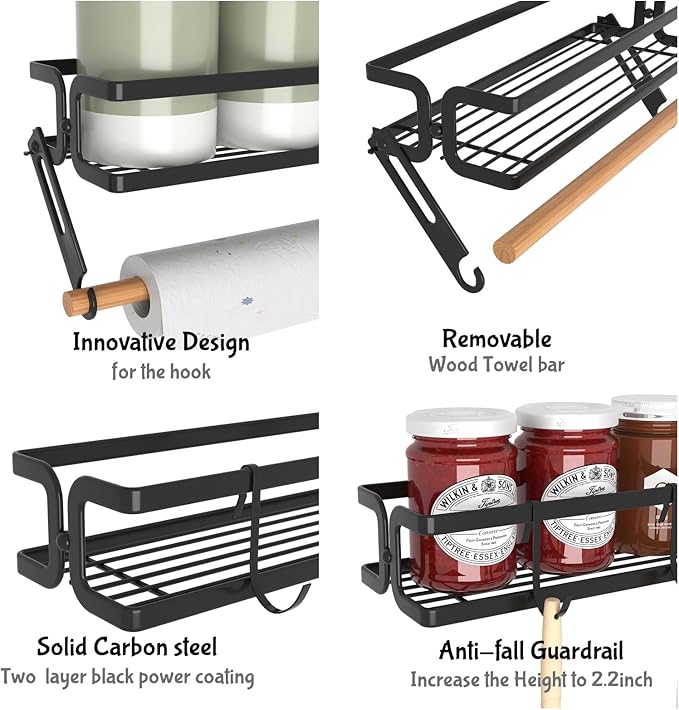 3 Pack Spice Rack Wall Mount With Paper Towel Holder and Hooks, Screw or Adhesive Hanging Spice Shelf,Space Saving Spice Organizer for Seasonings, Spice Racks for Stove,Cabinet, Pantry Black