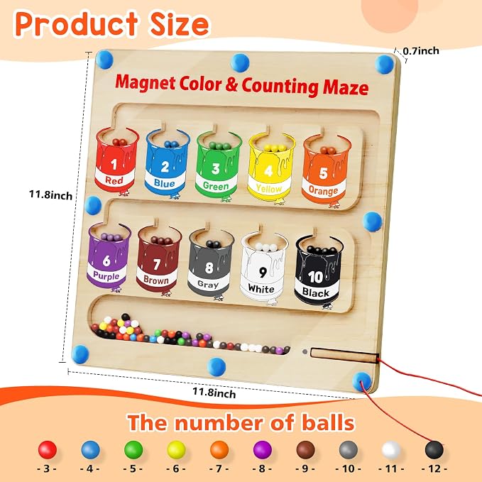 Magnetic Color and Number Maze, Montessori Toys Gift for 3-5 Year Boy Girl | Wooden Magnet Board Counting & Color Sorting Toddler Activities, Educational Fine Motor Skills Learning Toys Gifts for Kids