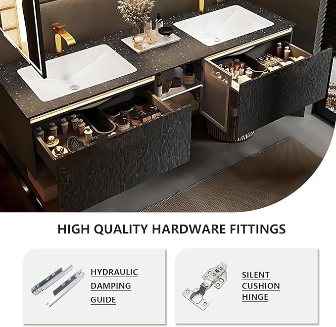 88" Double Bathroom Sink Vanity, Modern Bathroom Vanity Includes LED Smart Defogging Mirror Cabinet & Semi-Open Storage & Ceramic Basin, Floating Bathroom Cabinet with Sensor Light (Dark Brown)