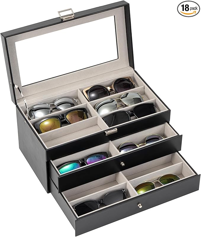 ProCase 3-layer Sunglasses Storage Organizer, 18 Slots Leather Sunglass Box Multiple Pairs Eyeglass Cases Eye Glass Eyewear Display Holder for Men Women, Father's Day Gift -Black