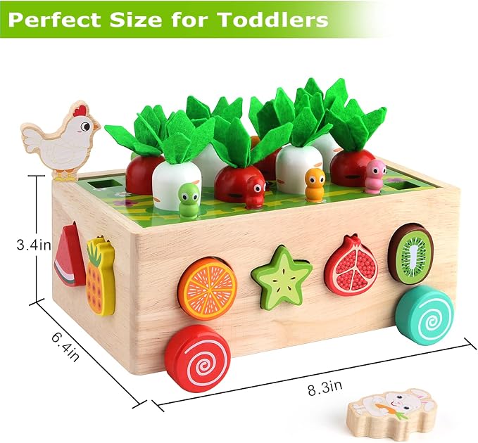 SKYFIELD Montessori Wooden Garden Toy for Baby Boys Girls 1 2 3 Years Old, Fine Motor Skills Developmental Gift Toy Color Shape Fruit Sorting Orchard Cart Farm Game for Toddler 1-3