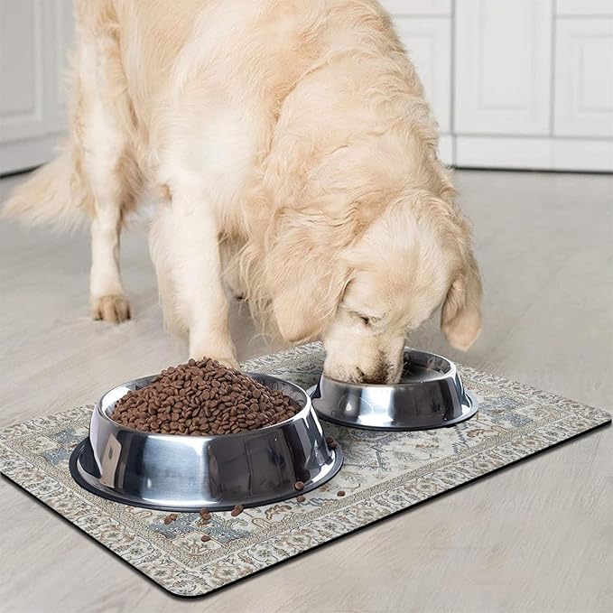 Dog Food Mats for Floors, Absorbent and Quick-Drying Pet Cat Food Mat,Anti-Fouling and Easy-to-Clean Pet Feeding Mat,Dog Bowl Mat for Messy Drinking Water Bowls.16 x24, Bohemia Style
