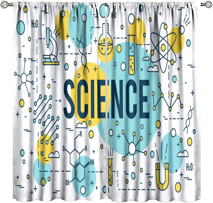 Science Symbols Kids Curtain Sketches Cartoon Chemistry Physics Geometry Education Pattern Print Window Drapes for Bedroom Living Room Kitchen Decor,2 Panel Set,84x84 Inch Blackout