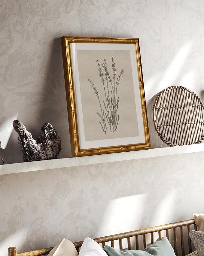 InSimSea Gold Bamboo Framed Canvas Wall Art, Minimalist Lavender Botanical