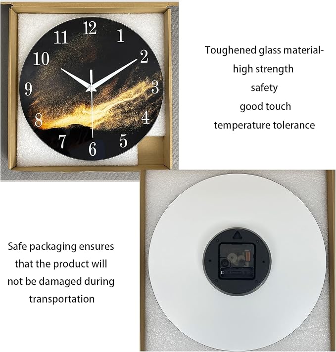 Black and Glod Wall Clocks for Living Room Decor Glass Wall Clock Battery