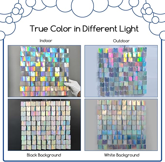 COKAOBE Iridescent Silver Shimmer Wall Backdrop, 24 Panels Square Sequin