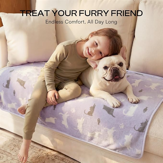 Luciphia 1 Pack 3 Blankets, Cute Cat Printed Fluffy Fleece Pet Blanket for Dogs Cats Washable, Warm Soft Throw Cover for Crate Couch, Gifts Puppy Essentials,Purple/Grey/Khaki, Small (23x16 inch)