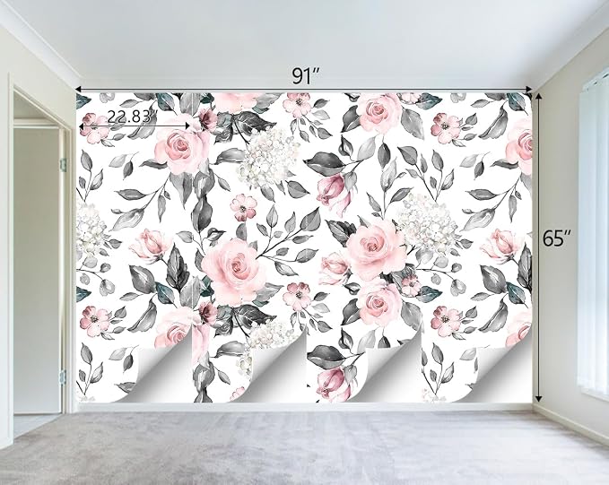 Grey Leaf Pink Flowers Mural Bedroom Floral Wallpaper Room Decor Living Room tv