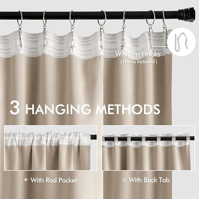 MIULEE Taupe Back Tab Blackout Curtains 90 Inches Long 2 Panels Set