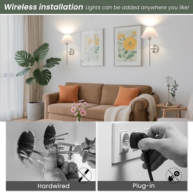 Wireless Wall Sconce Sets of 2, Pleated Shades Rechargeable Battery Operated