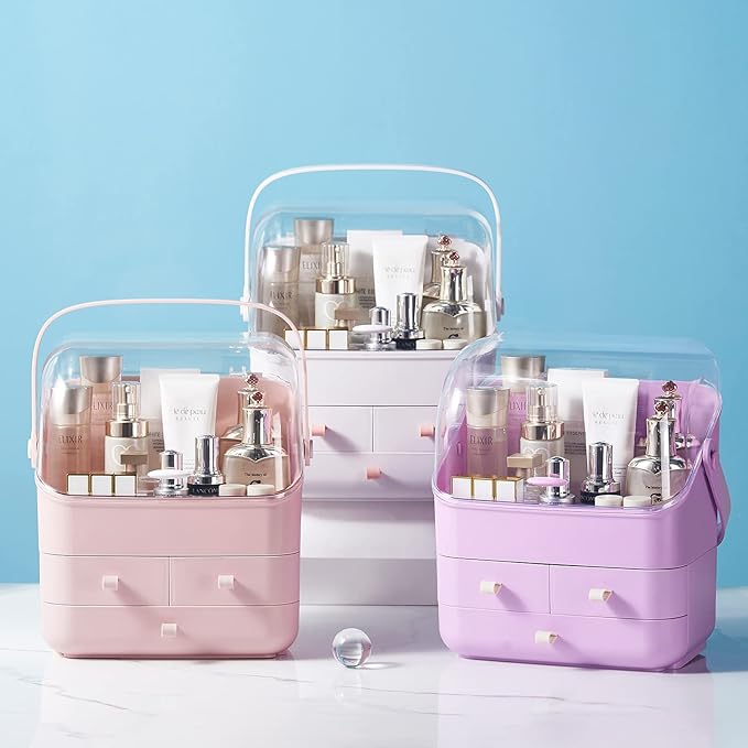 Large Makeup Organizer w Drawers Beauty Organizer Makeup Box Holder Vanity Organization Desk Countertop MakeUp Organizers Bathroom Counter Organizer Skincare Cosmetic Case Stand Dustproof Lid Gift