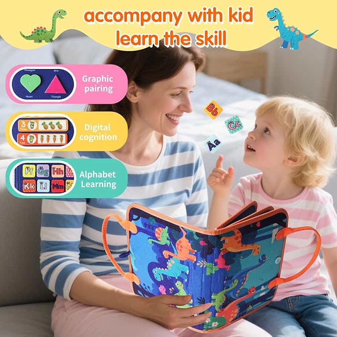Toddler Montessori Busy Board - Dinosaur Learning Activity Toy, Boys Gift, Sensory Learning Toy for Toddlers, Educational Busy Book for Toddlers, Travel Toy (Blue)