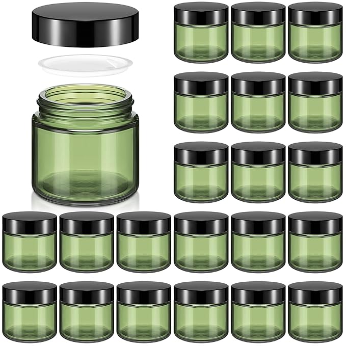 Domensi 32 Pcs 2 oz Glass Jars with Lids Travel Size Round Leakproof Empty Cosmetic Jars with Inner Liners Lid for Storing Makeup Lotions Face Cream Ointments Candle DIY Making (Olive Green)