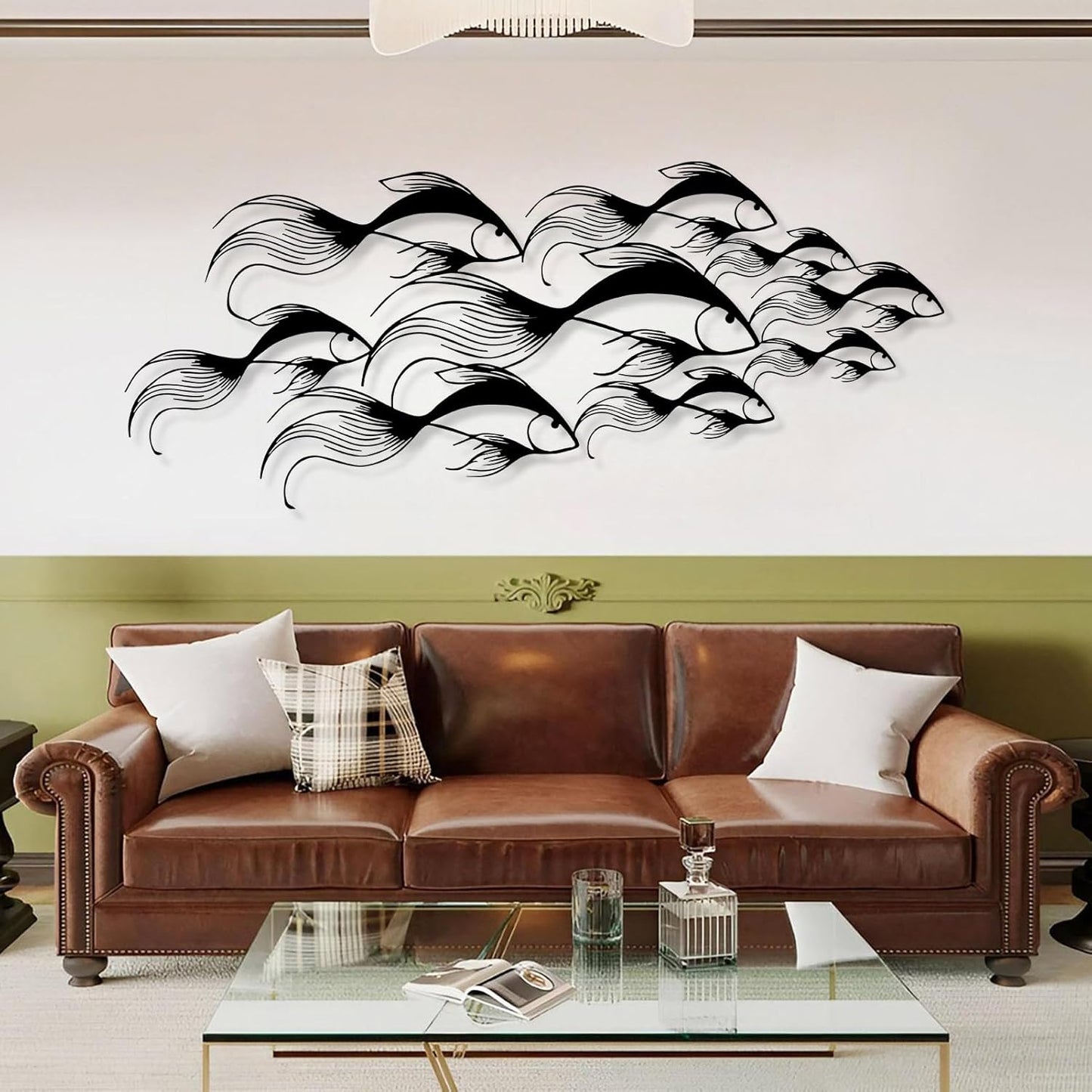 School of Fish Metal Wall Art, Metal Fish Wall Decor, Sea Life Wall Art, Large Nautical Wall Hanging, Modern Beach House Wall Decor, Ocean Themed Artwork for Bathroom (Gold, 41"x18" | 105x45cm)