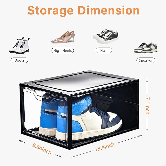 12 Pack Stackable Shoe Storage Organizer with Magnetic Door, Shoe Boxes Clear Black Plastic for Closet, Shoe Rack for Sneaker Boot Container, Shoe Cabinet Fit up to US Size 12