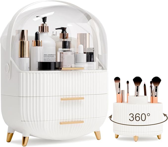Makeup Organizers and Storage Make up Organizer for Vanity Cosmetics Skincare With Lid and Drawers Display Cases for Countertop Bathroom Women Teenager Girl Gifts(White+Brush Holder)