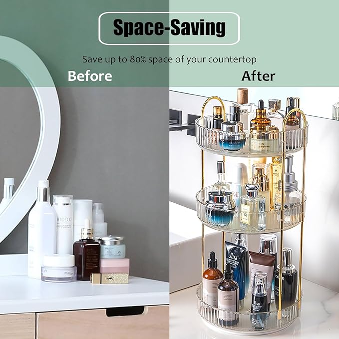 Rotating Makeup Organizer Countertop 3 Tier Lazy Susan Trays Clear Skincare Perfume Storage for Bathroom Counter Vanity, Transparent