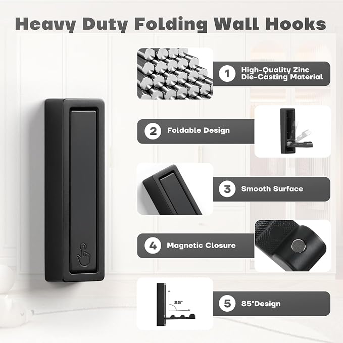 Folding Wall Hooks, Heavy Duty Zinc Alloy No Rust Fold Up Hooks