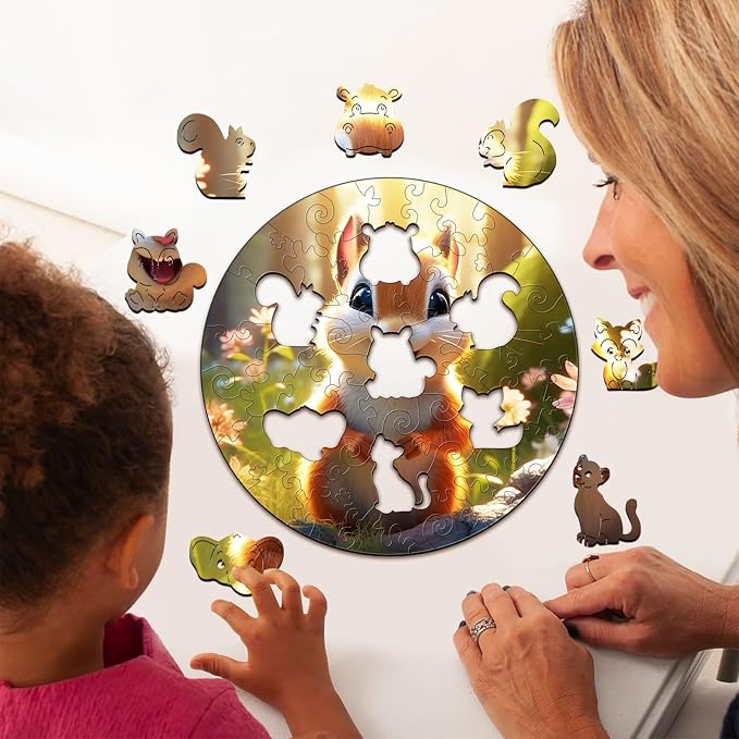Wooden Puzzles for Kids Ages 4-8, Cute Squirrel Puzzle, Unique Animal Shaped Wooden Jigsaw Puzzles for Kid, 50 Pieces Puzzles for Kids(50pcs,11.4 * 11.4in)