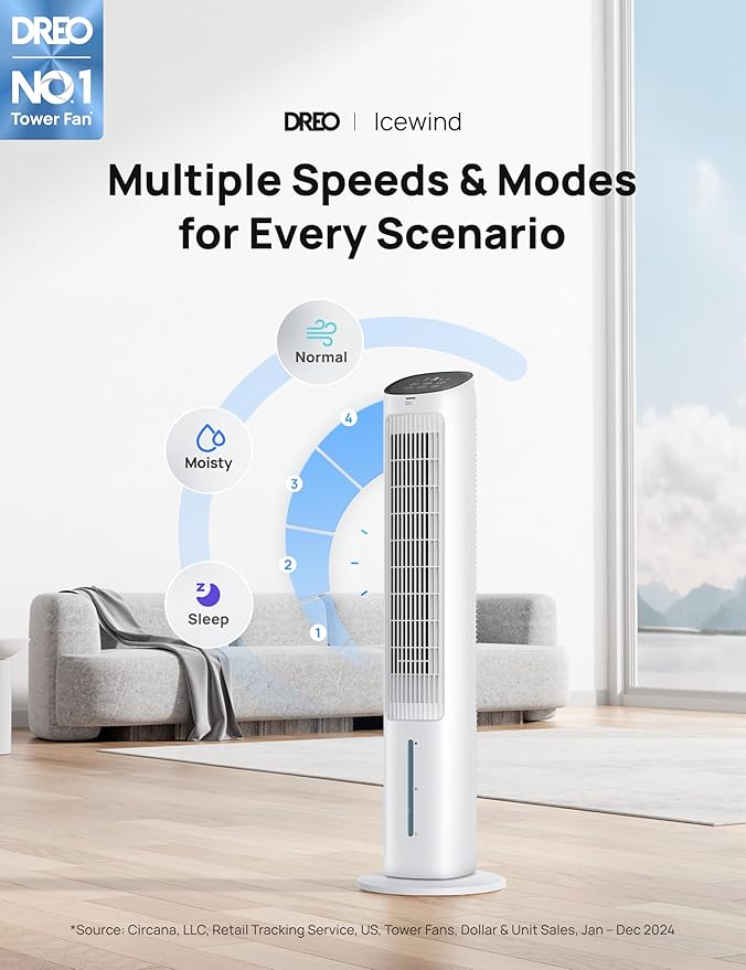Dreo Tower Fan for Bedroom, 40" Evaporative Air Cooler, Cooling Fans That Blow Cold Air with 80° Oscillating, Removable Water Tank, 3 Modes 4-Speed, Remote Control, Quiet Floor Fan, 7H Timer，White