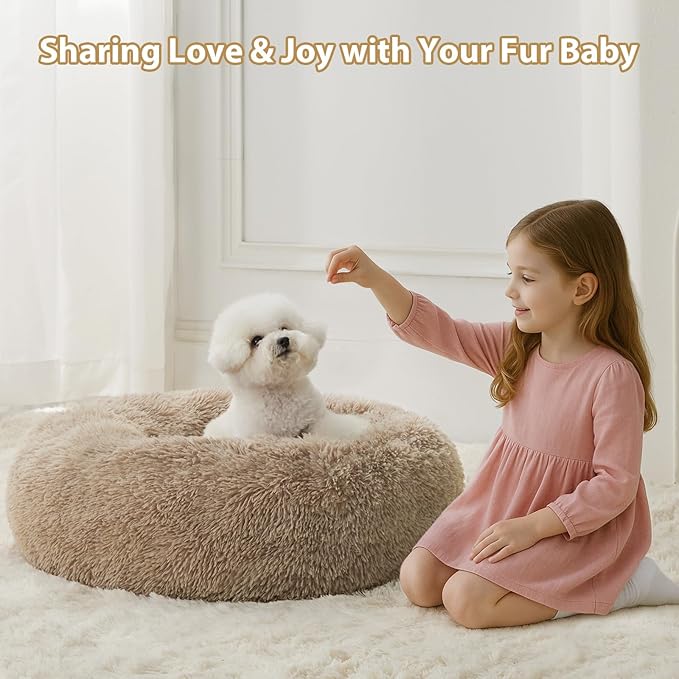 WNPETHOME Calming Dog Bed & Cat Bed, Anti-Anxiety Donut Small Dog Beds, Fluffy Faux Fur Cat Cushion Dogs Bed for Small Dogs and Pet (24 x 24 Inch, Brown)