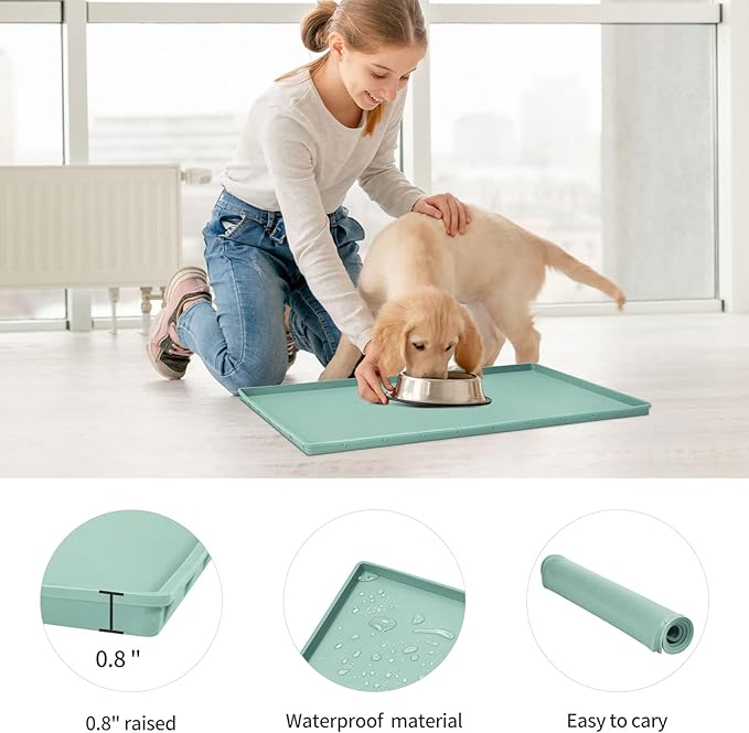 Dog Food Mat,Silicone Waterproof Food Tray,Non Slip Pet Bowl Mats Placemat,0.8" Raised Edge,Suitable for Most Small and Medium Sized Pets,28" x 18"