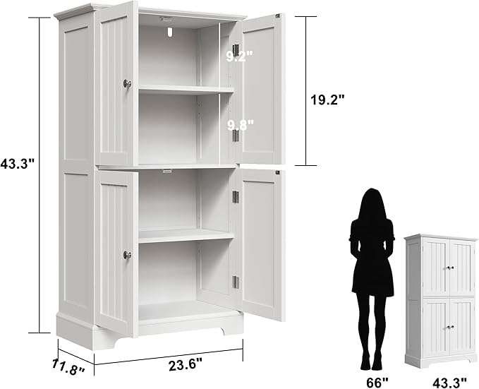 ChooChoo Bathroom Floor Cabinet, Modern Bathroom Storage Cabinet with 4 Doors and Adjustable Shelves, Freestanding Cupboard for Living Room, White
