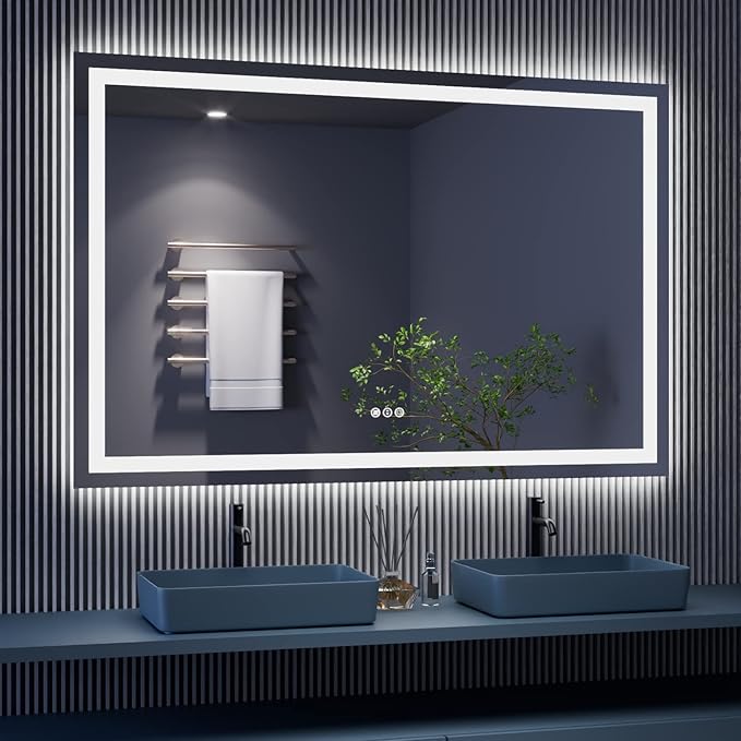 Amorho LED Bathroom Mirror 60'' X40'' with Front and Backlight, Large Dimmable Wall Mirrors with Anti-Fog, Shatter-Proof, Memory, 3 Colors, Double LED Vanity Mirror