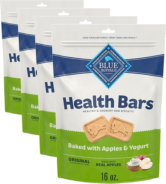 Blue Buffalo Health Bars Crunchy Dog Biscuits, Oven-Baked with Natural Ingredients, Apples & Yogurt, 16-oz Bag (Pack of 4)