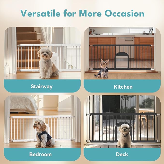 No Pawblems Dog Gate with Small Pet Door, 16"-42.7" Adjustable Metal Short Dog Gate to Step Over, 16.5" Tall, with 3 Extension Kits, Pressure Mounted, for Doorways & Stairs, Black