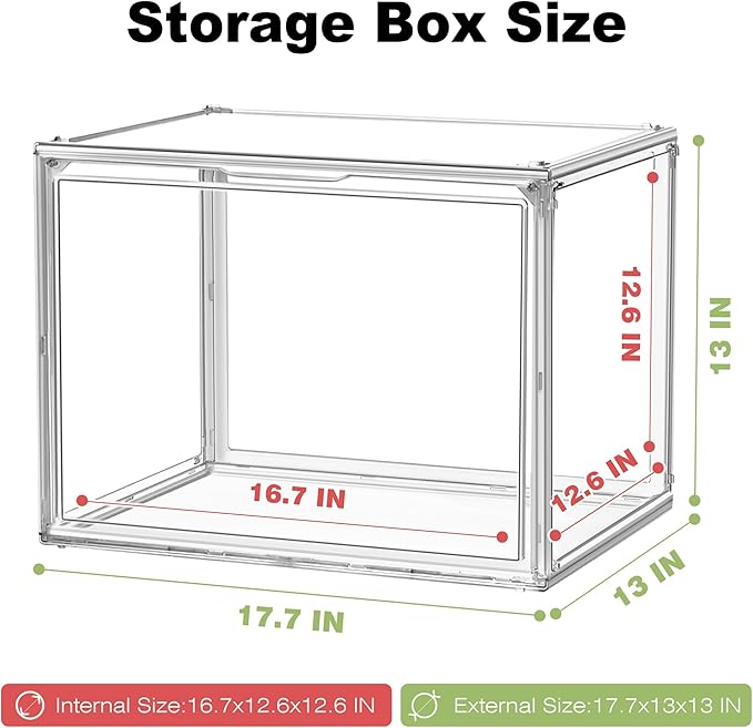 1 Pack Extra XXX-Large Acrylic Purse Display Case 17.7''x13''x13'' Clear Purse Handbag Organizer Stackable Storage Bins with Dustproof Magnetic Door Acrylic Box for Shoes, Helmet, Boots, Figures