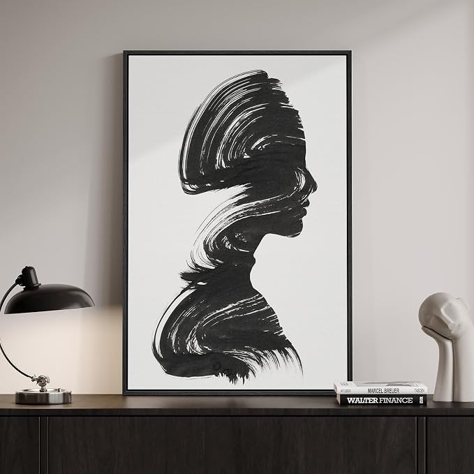 Modern Framed Black and White Abstract Wall Art, Minimalist Elegant Canvas
