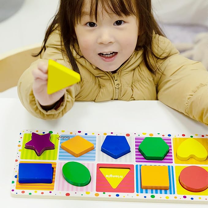 Dailyfunn Wooden Geometric Shape Puzzle (10 pcs) Toddler Puzzles for Ages 1-3 Years Old 12-18-24 Months