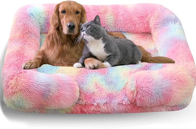 Dog Beds Medium Large Size Dog, Calming Dog Bed with Removable Washable Cover, Waterproof Lining and Nonskid Bottom(Tie-Dye Rainbow,L)