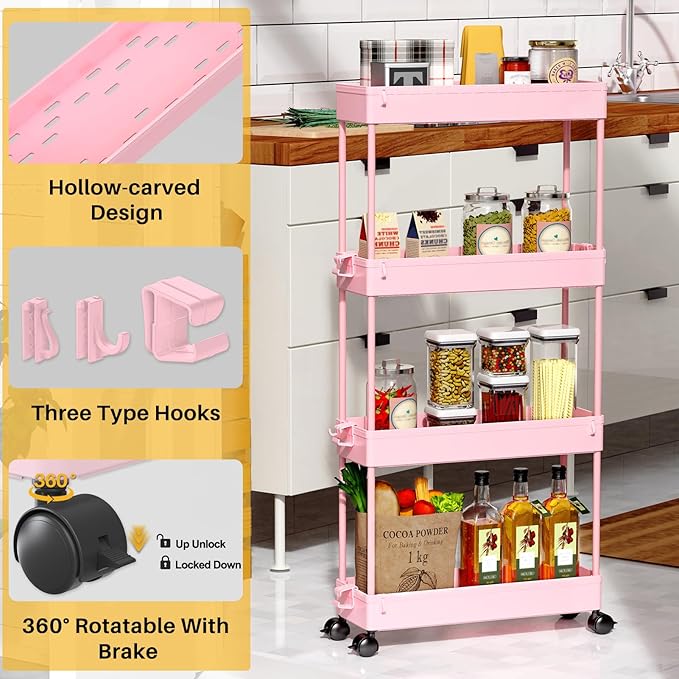 SPACEKEEPER Slim Rolling Storage Cart 4 Tier Bathroom Organizer Utility Cart Mobile Shelving Unit Tower Rack for Kitchen, Laundry Room, Bathroom, Narrow Places, Pink