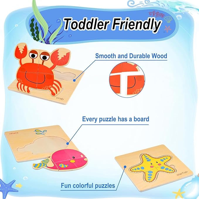 8pcs Wooden Puzzles for Toddlers 1-3, Toddler Puzzles Ages 2-4 | Montessori Toys for 1-3+ Years Girl Boy, Sea Animal Puzzle for Kids, Jigsaw Puzzle Educational Preschool for 1-4
